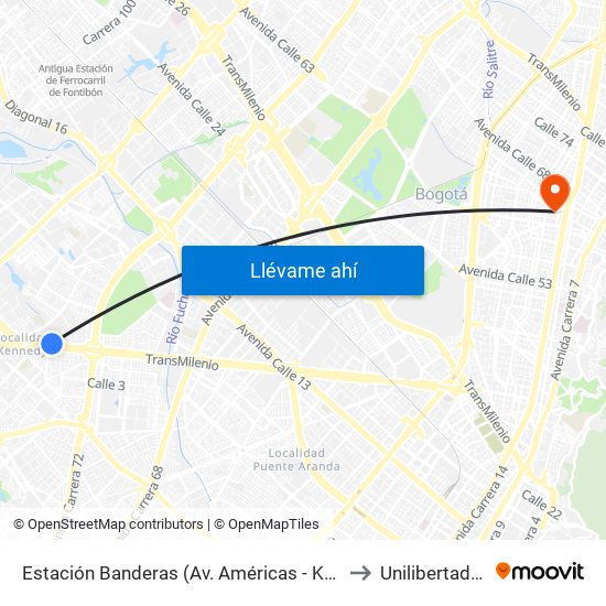 Estación Banderas (Av. Américas - Kr 78a) (A) to Unilibertadores map