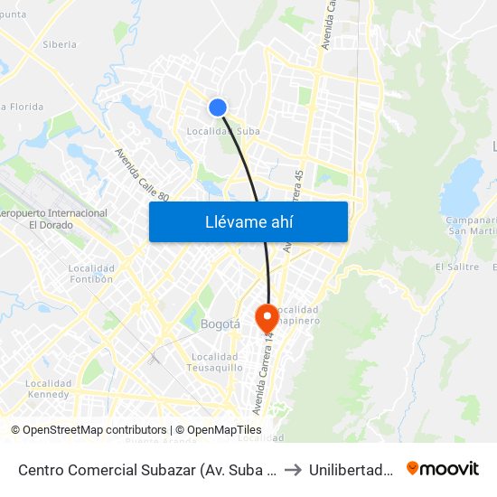 Centro Comercial Subazar (Av. Suba - Kr 91) to Unilibertadores map