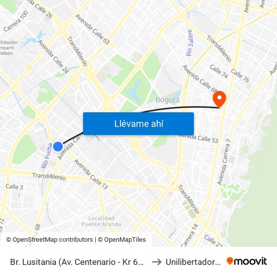 Br. Lusitania (Av. Centenario - Kr 68b) to Unilibertadores map