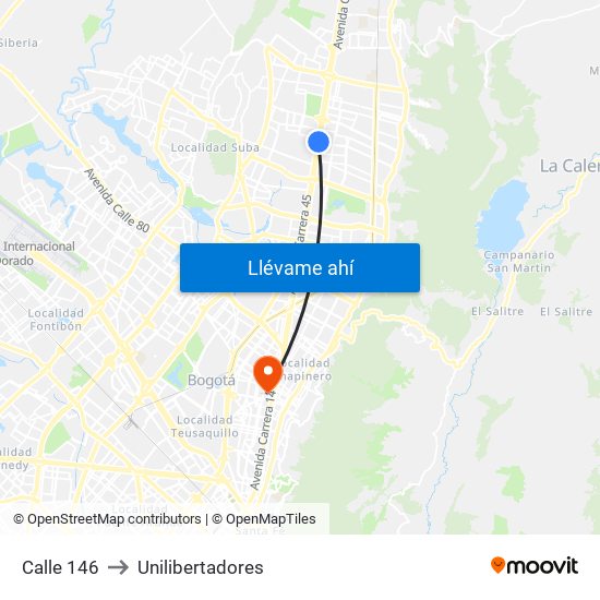 Calle 146 to Unilibertadores map