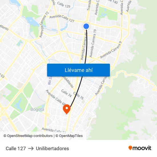 Calle 127 to Unilibertadores map