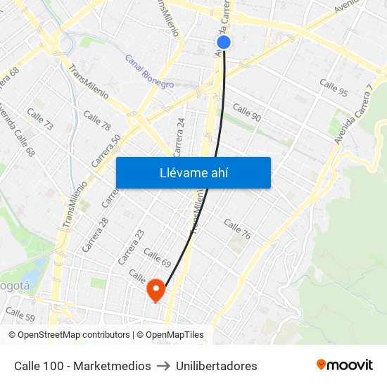 Calle 100 - Marketmedios to Unilibertadores map