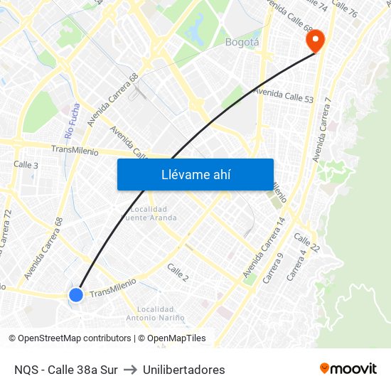 NQS - Calle 38a Sur to Unilibertadores map