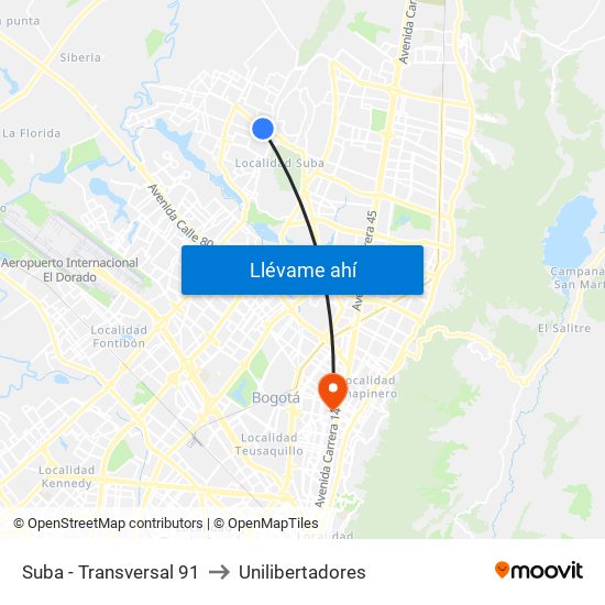 Suba - Transversal 91 to Unilibertadores map