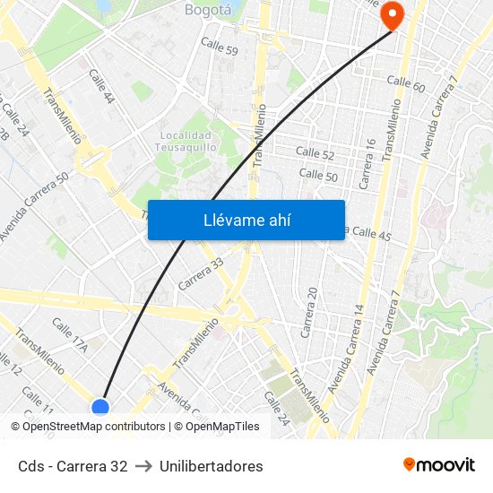 Cds - Carrera 32 to Unilibertadores map