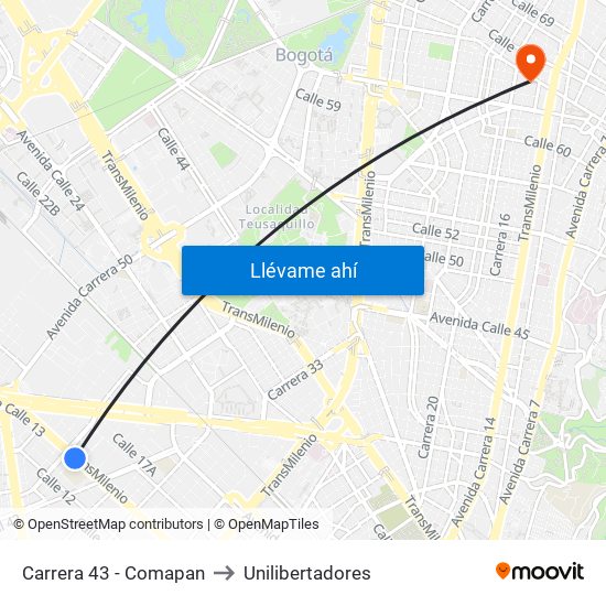 Carrera 43 - Comapan to Unilibertadores map