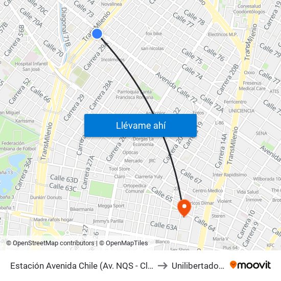 Estación Avenida Chile (Av. NQS - Cl 71c) to Unilibertadores map