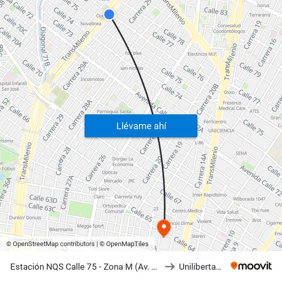 Estación NQS Calle 75 - Zona M (Av. NQS - Cl 75) to Unilibertadores map