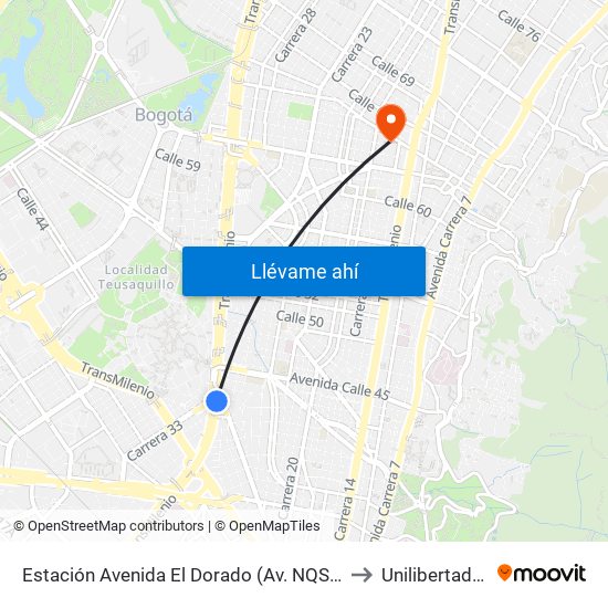 Estación Avenida El Dorado (Av. NQS - Cl 40a) to Unilibertadores map