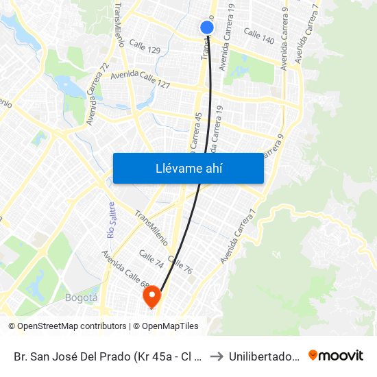 Br. San José Del Prado (Kr 45a - Cl 137) to Unilibertadores map