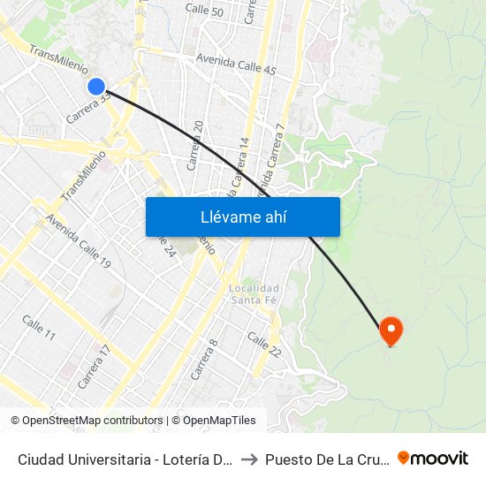Ciudad Universitaria - Lotería De Bogotá to Puesto De La Cruz Roja map