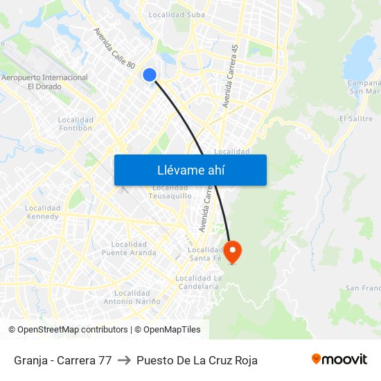 Granja - Carrera 77 to Puesto De La Cruz Roja map