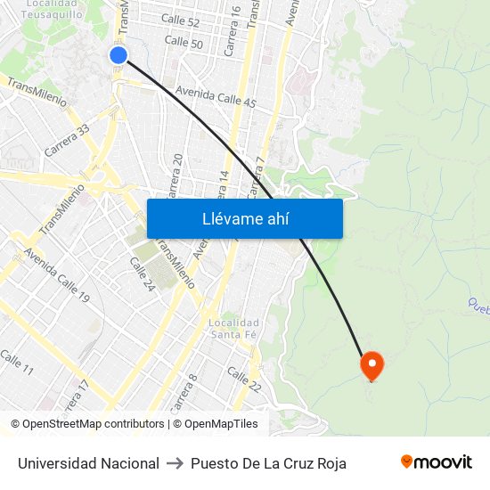 Universidad Nacional to Puesto De La Cruz Roja map