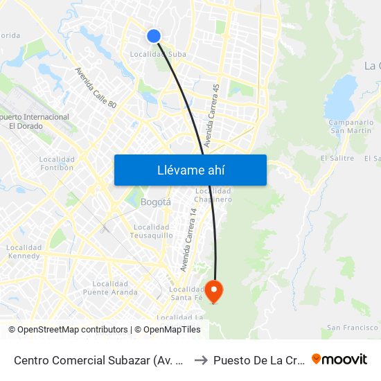 Centro Comercial Subazar (Av. Suba - Kr 91) to Puesto De La Cruz Roja map