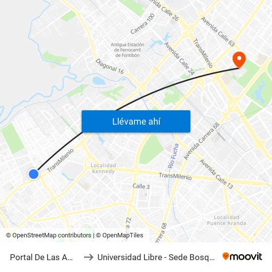 Portal De Las Américas to Universidad Libre - Sede Bosque Popular map