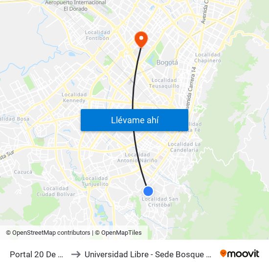 Portal 20 De Julio to Universidad Libre - Sede Bosque Popular map