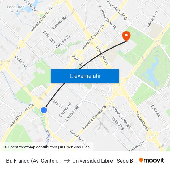 Br. Franco (Av. Centenario - Kr 69b) to Universidad Libre - Sede Bosque Popular map