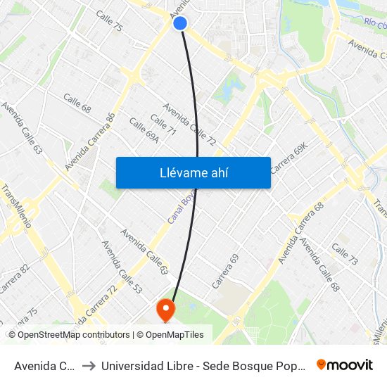 Avenida Cali to Universidad Libre - Sede Bosque Popular map