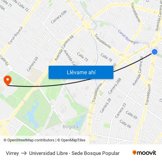 Virrey to Universidad Libre - Sede Bosque Popular map