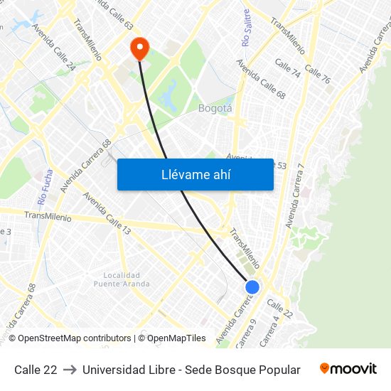 Calle 22 to Universidad Libre - Sede Bosque Popular map