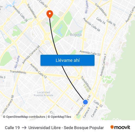 Calle 19 to Universidad Libre - Sede Bosque Popular map