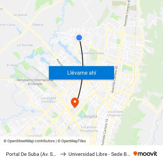 Portal De Suba (Av. Suba - Kr 106) to Universidad Libre - Sede Bosque Popular map