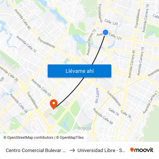 Centro Comercial Bulevar Niza (Ac 127 - Av. Suba) to Universidad Libre - Sede Bosque Popular map