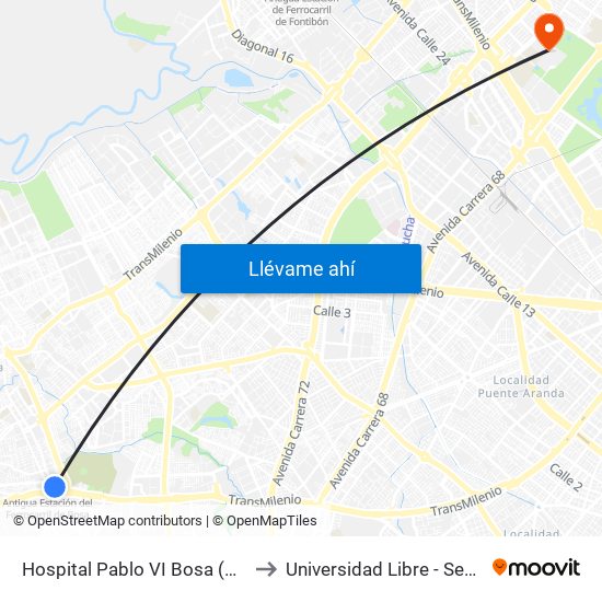 Hospital Pablo VI Bosa (Cl 63 Sur - Kr 77g) (A) to Universidad Libre - Sede Bosque Popular map