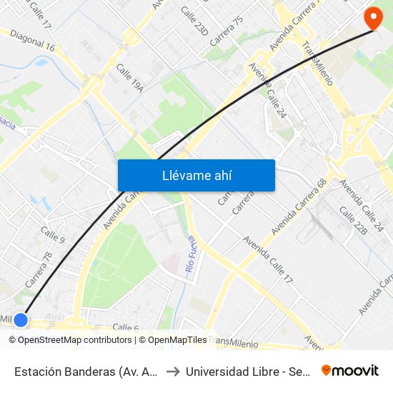 Estación Banderas (Av. Américas - Kr 78a) (A) to Universidad Libre - Sede Bosque Popular map