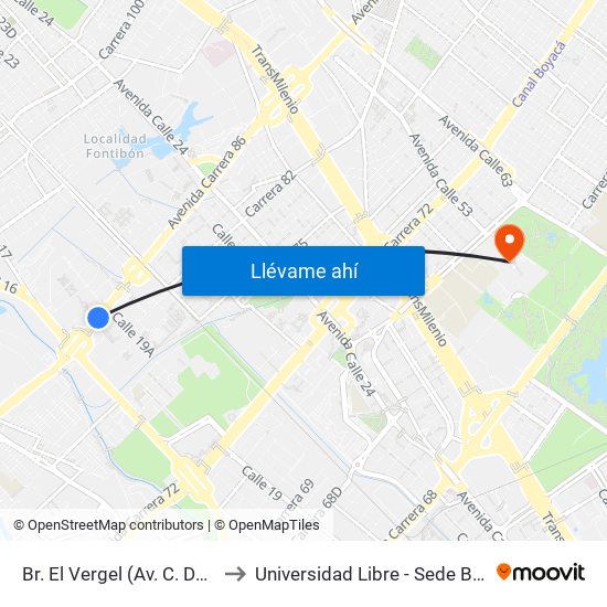 Br. El Vergel (Av. C. De Cali - Cl 18) to Universidad Libre - Sede Bosque Popular map