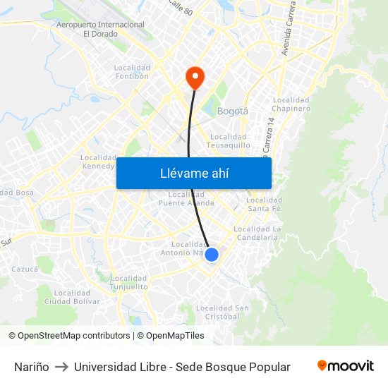 Nariño to Universidad Libre - Sede Bosque Popular map
