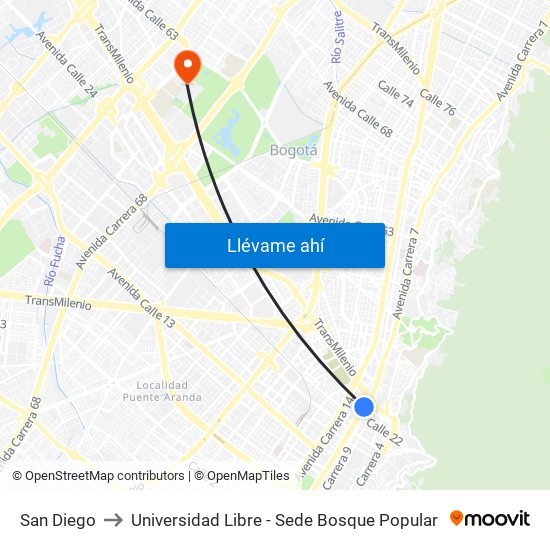 San Diego to Universidad Libre - Sede Bosque Popular map