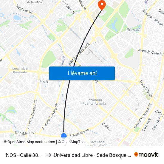 NQS - Calle 38a Sur to Universidad Libre - Sede Bosque Popular map