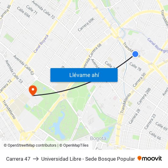 Carrera 47 to Universidad Libre - Sede Bosque Popular map