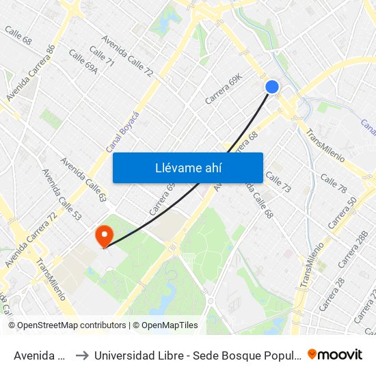 Avenida 68 to Universidad Libre - Sede Bosque Popular map
