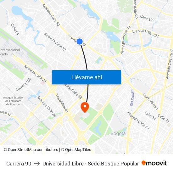 Carrera 90 to Universidad Libre - Sede Bosque Popular map