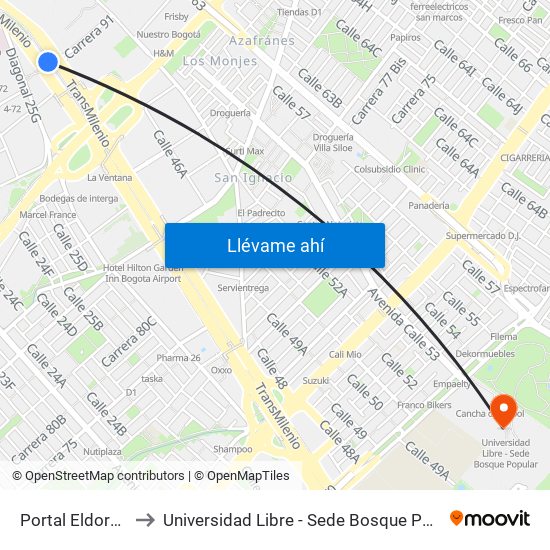 Portal Eldorado to Universidad Libre - Sede Bosque Popular map