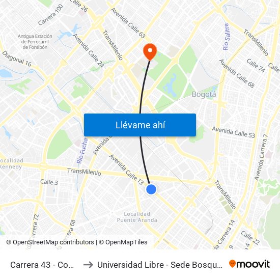 Carrera 43 - Comapan to Universidad Libre - Sede Bosque Popular map