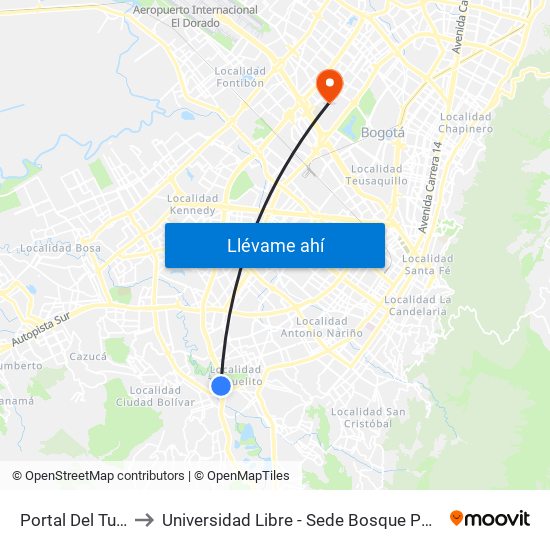 Portal Del Tunal to Universidad Libre - Sede Bosque Popular map