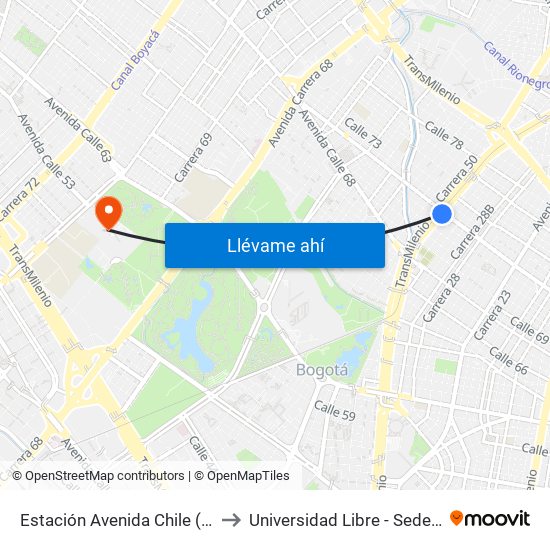 Estación Avenida Chile (Av. NQS - Cl 71c) to Universidad Libre - Sede Bosque Popular map