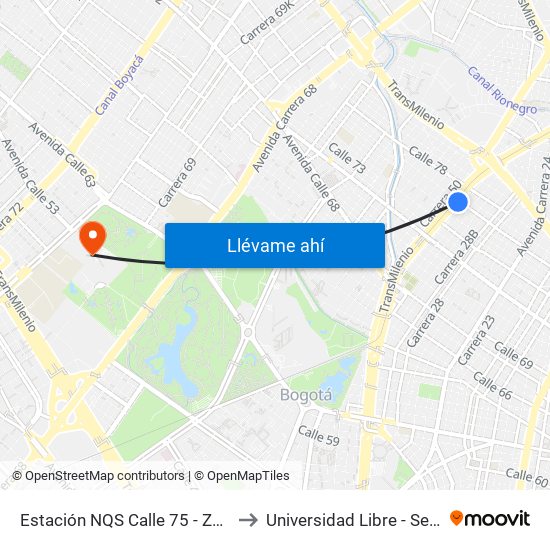 Estación NQS Calle 75 - Zona M (Av. NQS - Cl 75) to Universidad Libre - Sede Bosque Popular map