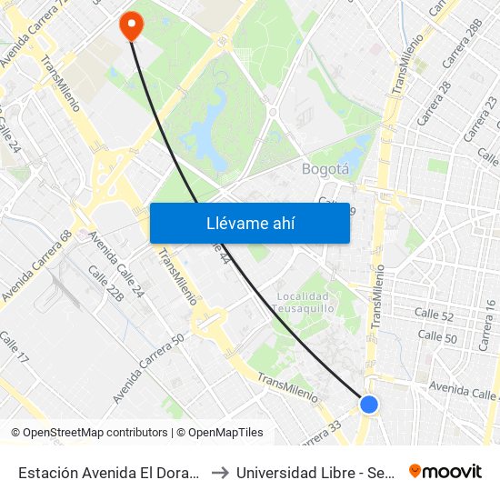 Estación Avenida El Dorado (Av. NQS - Cl 40a) to Universidad Libre - Sede Bosque Popular map