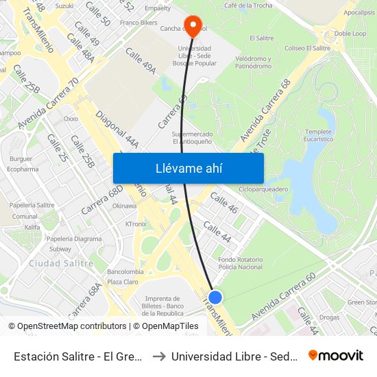 Estación Salitre - El Greco (Ac 26 - Ak 68) to Universidad Libre - Sede Bosque Popular map