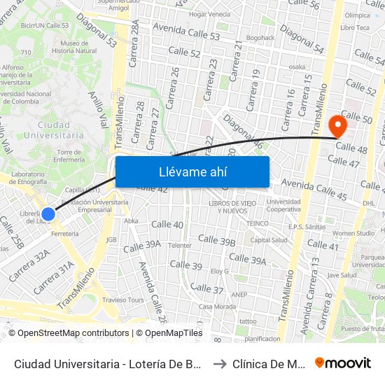 Ciudad Universitaria - Lotería De Bogotá to Clínica De Marly map