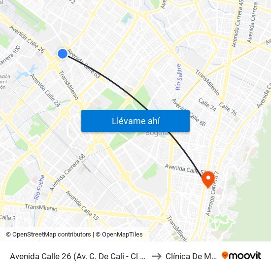 Avenida Calle 26 (Av. C. De Cali - Cl 51) (A) to Clínica De Marly map