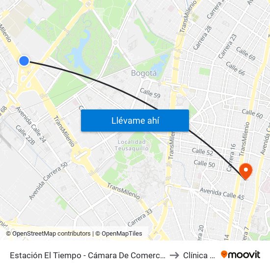 Estación El Tiempo - Cámara De Comercio De Bogotá (Ac 26 - Kr 68b Bis) to Clínica De Marly map