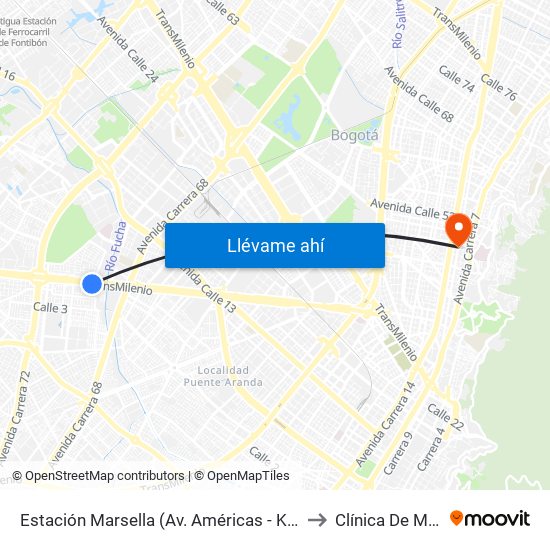 Estación Marsella (Av. Américas - Kr 69b) to Clínica De Marly map