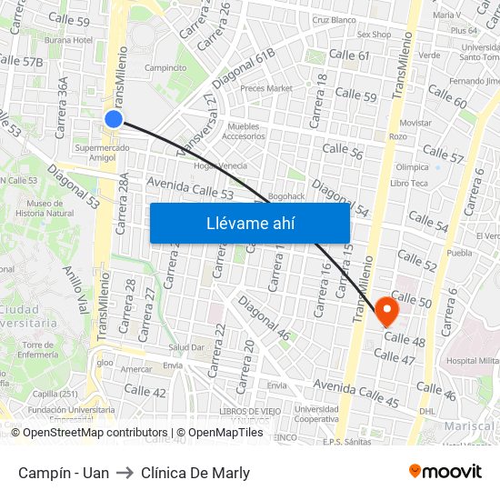 Campín - Uan to Clínica De Marly map