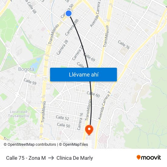 Calle 75 - Zona M to Clínica De Marly map