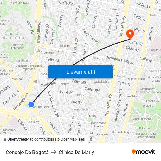 Concejo De Bogotá to Clínica De Marly map